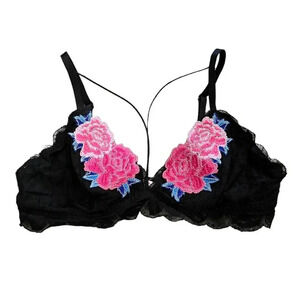 Victoria’s Secret PINK Black Triangle Lace Flower Applique Bralette L